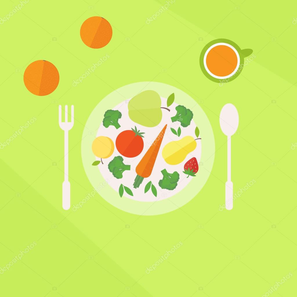 Illustration with colorful healthy ve arian lunch Plate with fruits and ve ables and glass of juice on a table Flat style vector illustration