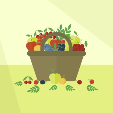 Meyve ve çilek düz tarzı ile kartı. Vektör çizim