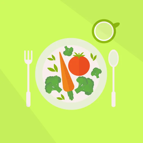 Placa com verduras e vidro de suco em uma mesa. Conceito de comida vegetariana — Vetor de Stock