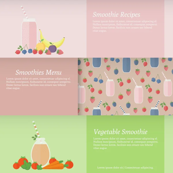 Uppsättning banners med frukt och grönsaker smoothies — Stock vektor