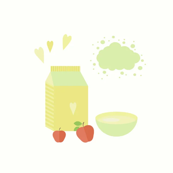 Ilustración vectorial con yogur y manzanas sobre una mesa — Archivo Imágenes Vectoriales