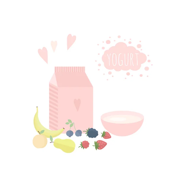 Vectorillustratie met yoghurt en fruit op een tafel Rechtenvrije Stockillustraties