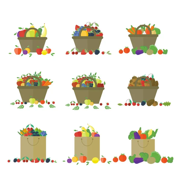 Gyümölcs és zöldség kosárban. Vektoros objektumok — Stock Vector