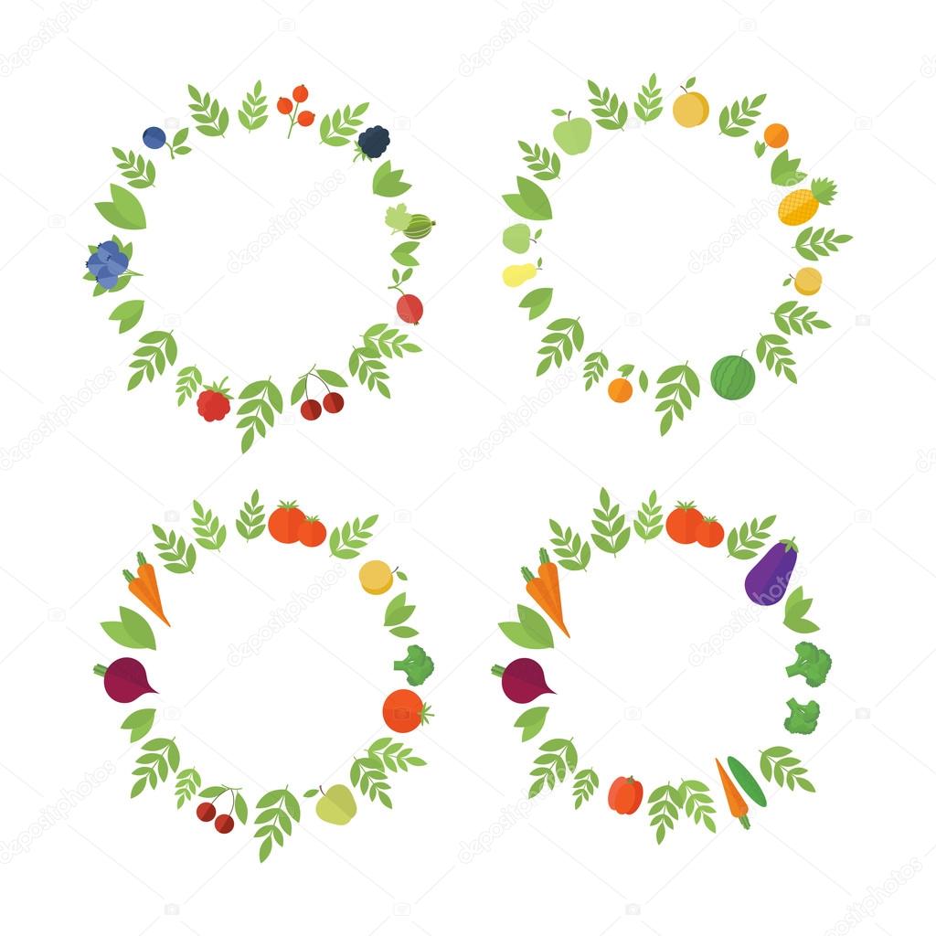 Insieme dei telai con frutta e verdura nel vettore per il disegno colorato — Vettoriali di homobibens