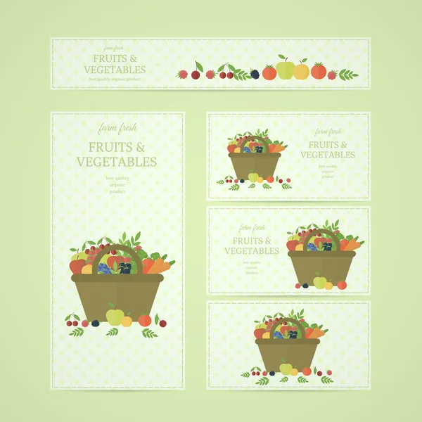 Banderas de negocios con frutas y verduras en cesta — Vector de stock