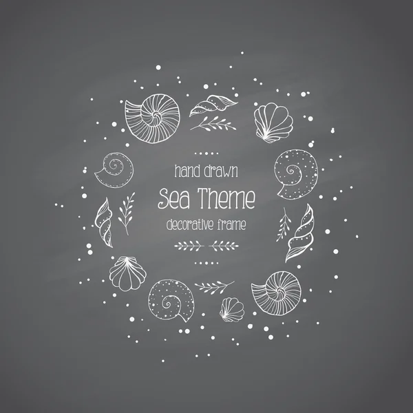 Frame with sea shells in sketch style on chalkboard