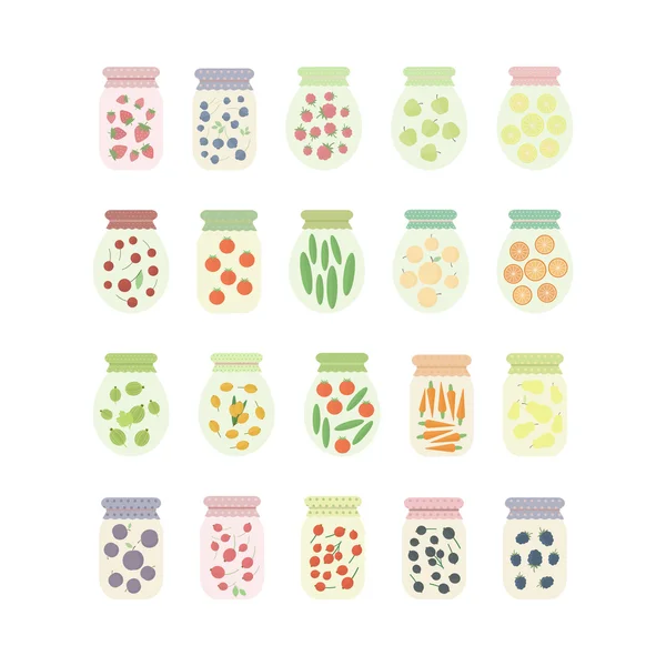 Set of jars with fruits, berries and vegetables — Stock Vector