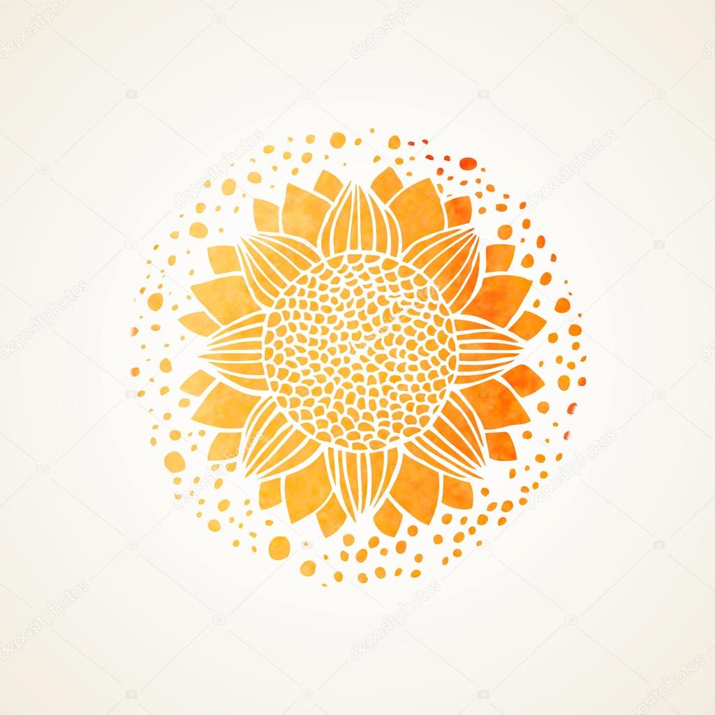 Watercolor sunny mandala. Stylized sunflower. Element for design. Lace yellow pattern on white background. Vector illustration
