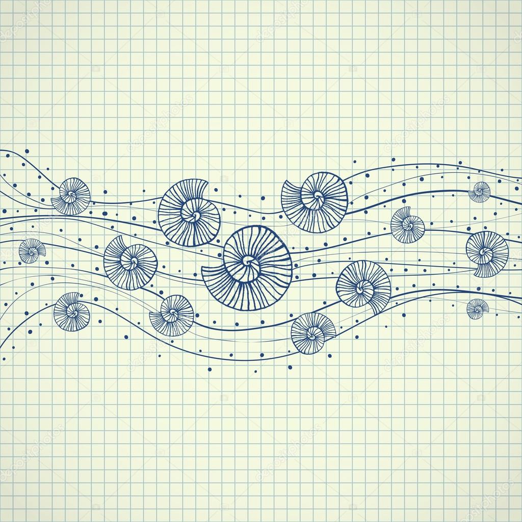 Hand drawn sketch with sea shells in sea waves on paper Vector illustrations Ink pen effect — Vettoriali di homobibens Trova immagini simili