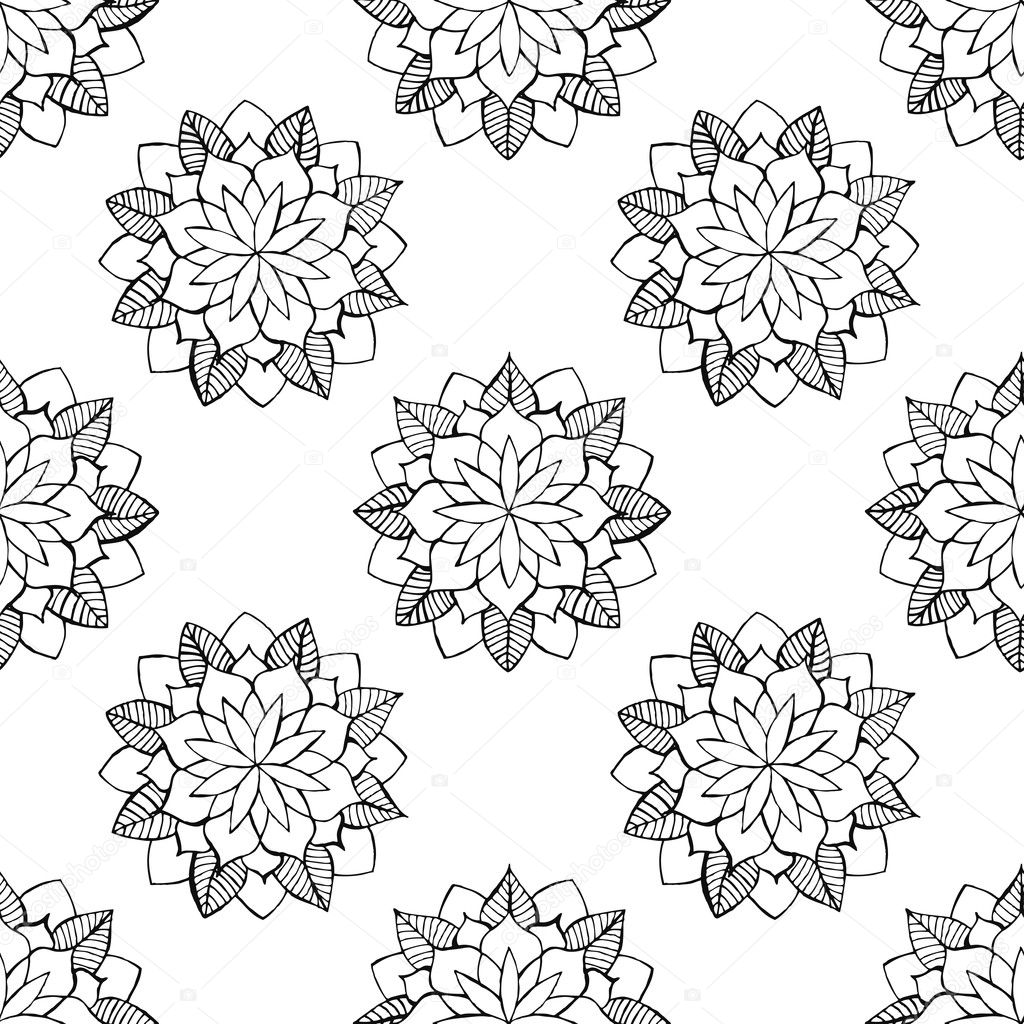 Black and white flower seamless background. Vector illustration