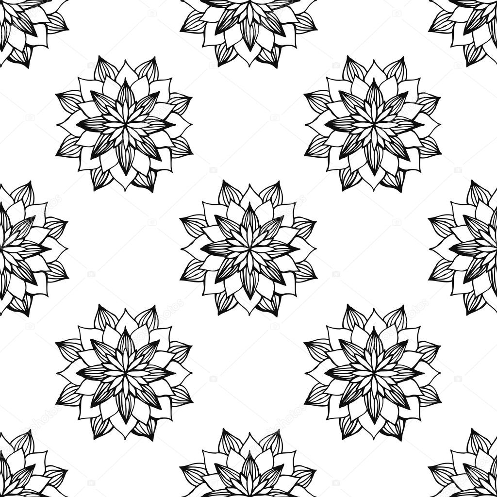 Black and white flower seamless background. Vector illustration