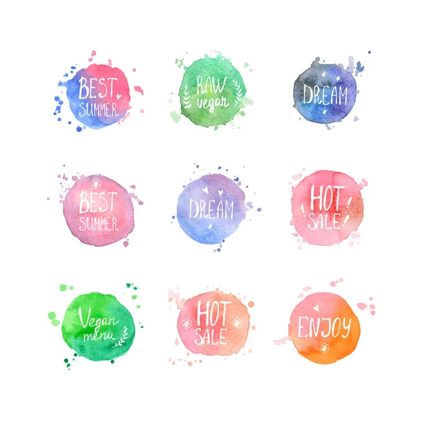 Vector watercolor shopping and vegan cafe labels — Vector de stock