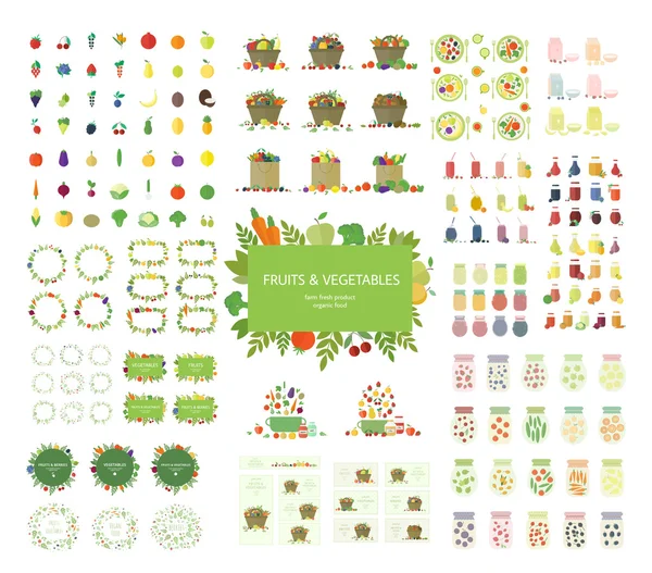Vector végétalien ensemble de la nourriture, des sacs, des cadres, des logos dans l'appartement — Image vectorielle