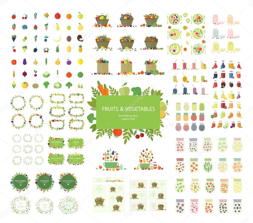 Collection of fruits, vegetables, and kitchen elements, icons isolated on white background. Set of food, bags, frames, logos, banners, jars, and beverages in flat design. Vector vegan set in eps10