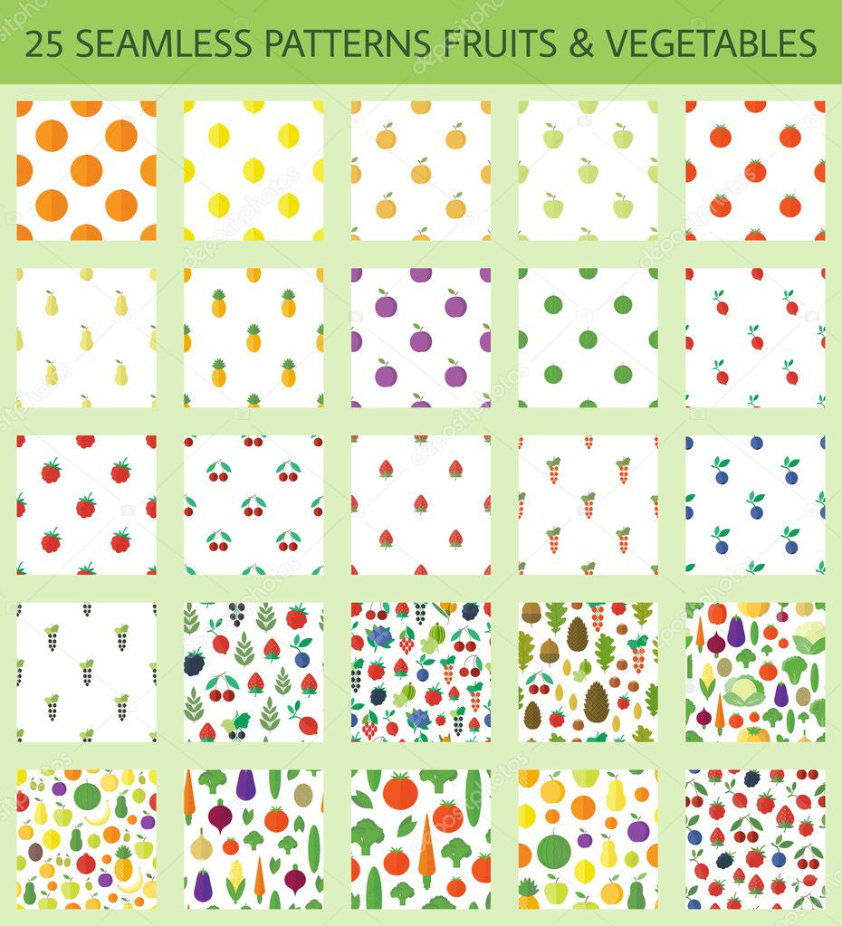 Seamless patterns with fruits and vegetables