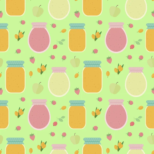 Seamless pattern with fruits and jars of jam — Stock Vector
