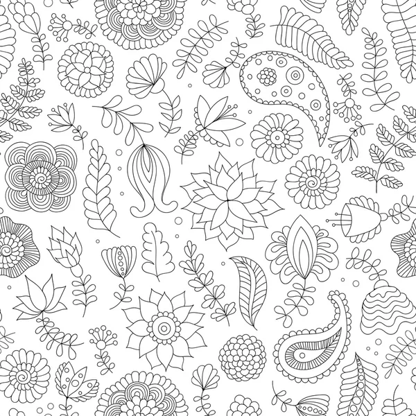 Seamless pattern with black and white doodle flowers - Stok Vektor