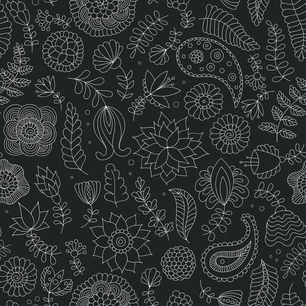 Flores doodle sem costura padrão preto e branco — Vetor de Stock