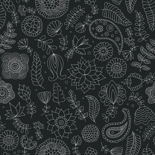 Seamless doodle flowers black and white pattern — Stock Vector