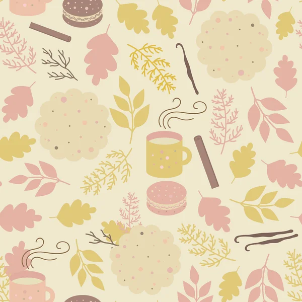 Seamless pattern with mugs of tea and cookies — Stockvector