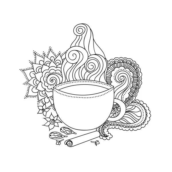 Tasse Masala Tee und Aroma, ethnische Muster — Stockvektor