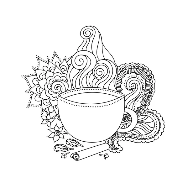 Cup of masala tea and flavoring, ethnic pattern — Stok Vektör