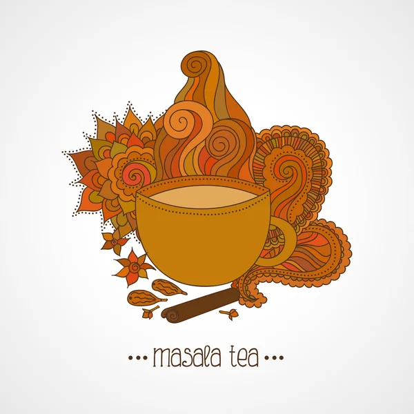Cup of masala tea and flavoring, ethnic pattern — Stok Vektör