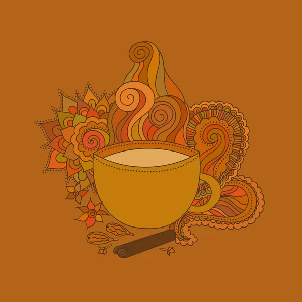 Tasse Masala Tee und Aroma, ethnische Muster — Stockvektor