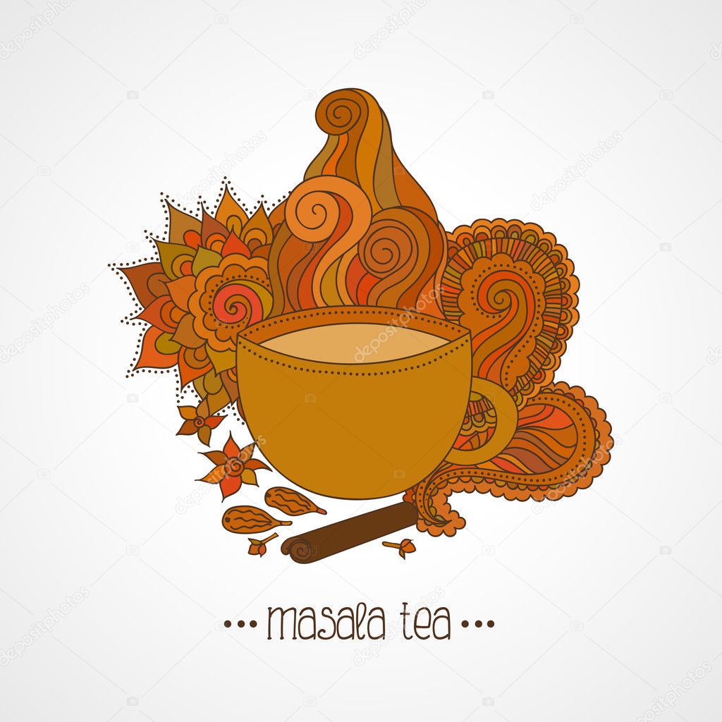 Cup of masala tea and flavoring, ethnic pattern