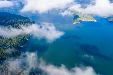 Yaz gölü üzerinde uçan insansız hava aracı, çam ağaçları ormanı ve alçak bulutlu yeşil göl, Romen Karpatlar 'da Bicaz Gölü.