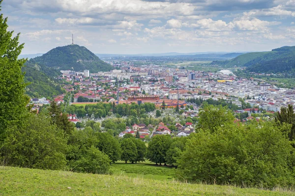 Letní Město Výhledem Zeleného Kopce Letecký Výhled Město Piatra Neamt — Stock fotografie