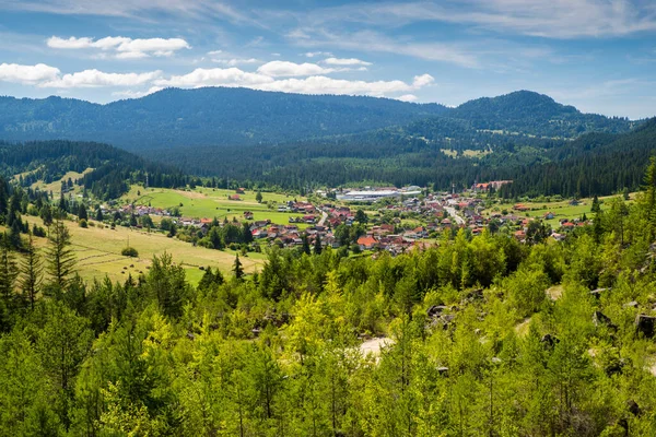 Horská Vesnice Letní Krajině Malá Vesnice Zeleném Údolí Rumunských Karpat — Stock fotografie