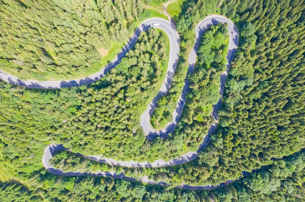 Vista Superior Carretera Con Curvas Bosque Pinos Verdes Escena Verano — Foto de Stock