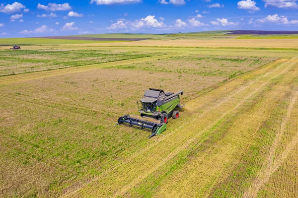 Vista Aérea Trabajo Cosechadora Cosechadora Campo Cereales Máquina Agrícola Recolección — Foto de Stock