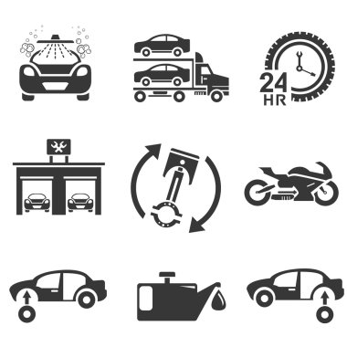 automotive icons, car parts and garage icons clipart