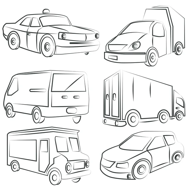 Σκιαγραφημένο αυτοκίνητο, σύνολο φορτηγών, μεταφορά — Διανυσματικό Αρχείο