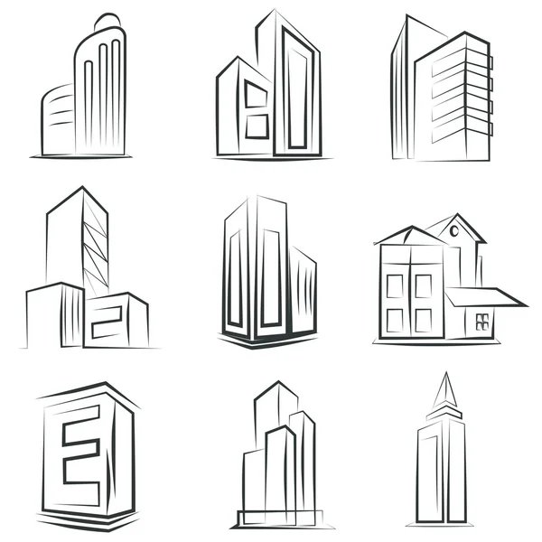 Skizzierte Gebäude-Ikonen — Stockvektor
