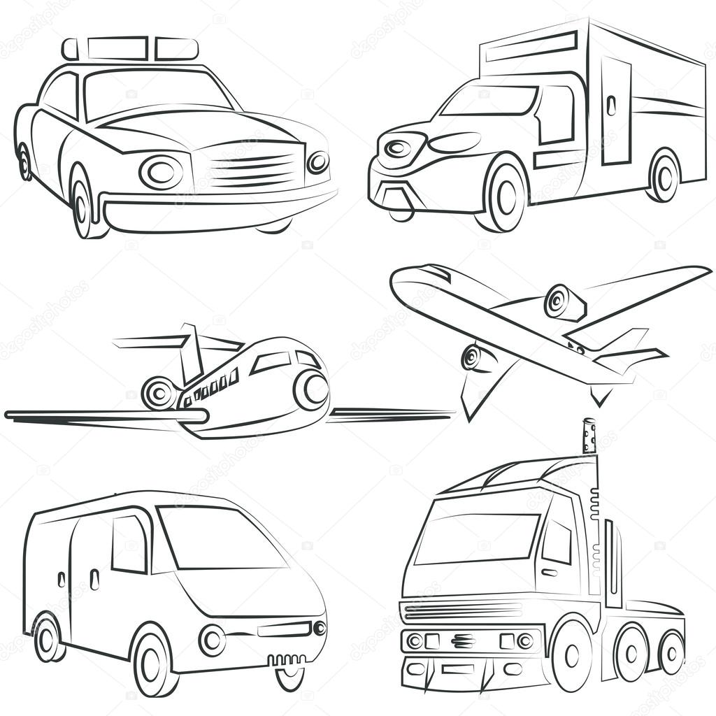 sketched car, truck set, transportation