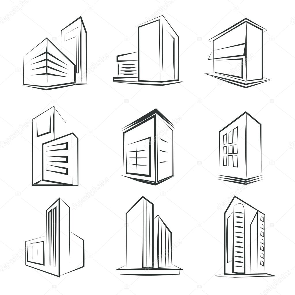 sketched building icons