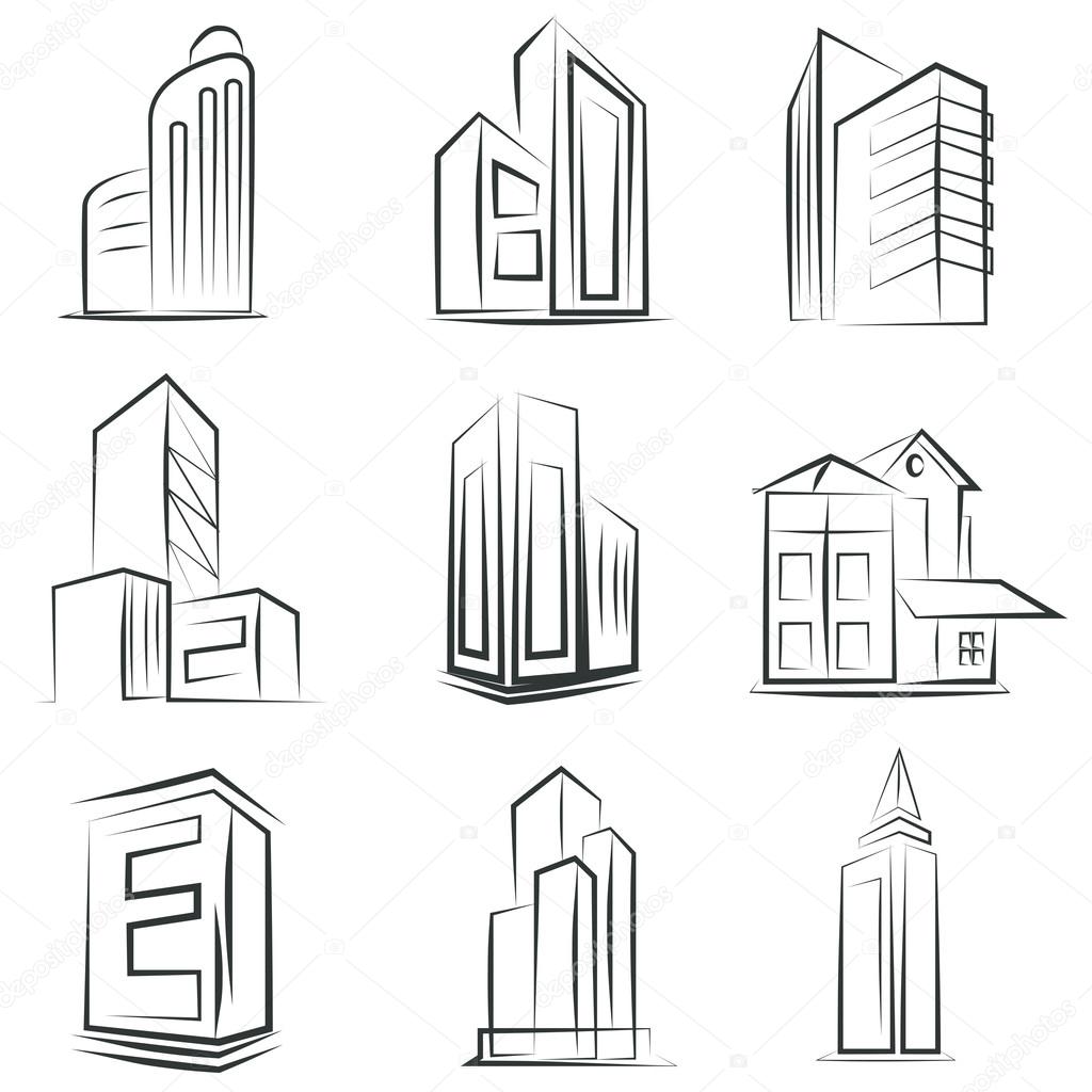 sketched building icons
