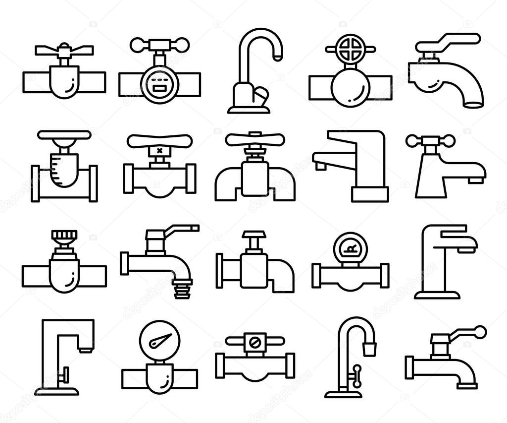 valve, faucet and hydrant pipe line icons line design