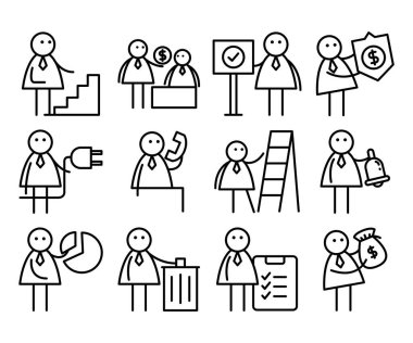 Çeşitli faaliyetlerdeki iş adamları: iş adamı para çantası, kalkan, fiş, pasta grafiği, çöp kutusu, dosya, merdiven ve merdivenlerde yürüme