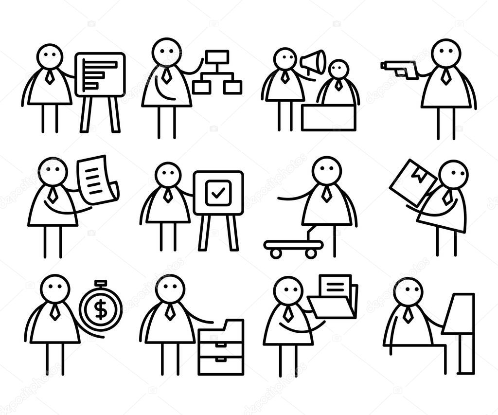 business people in various activities; businessman presenting, holding box, money, gun and working on computer