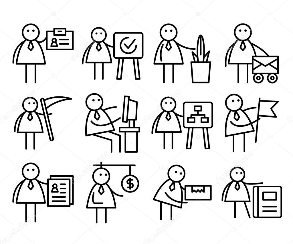 business people in various activities; businessman holding CV, box, book, id card, working on desktop and presenting