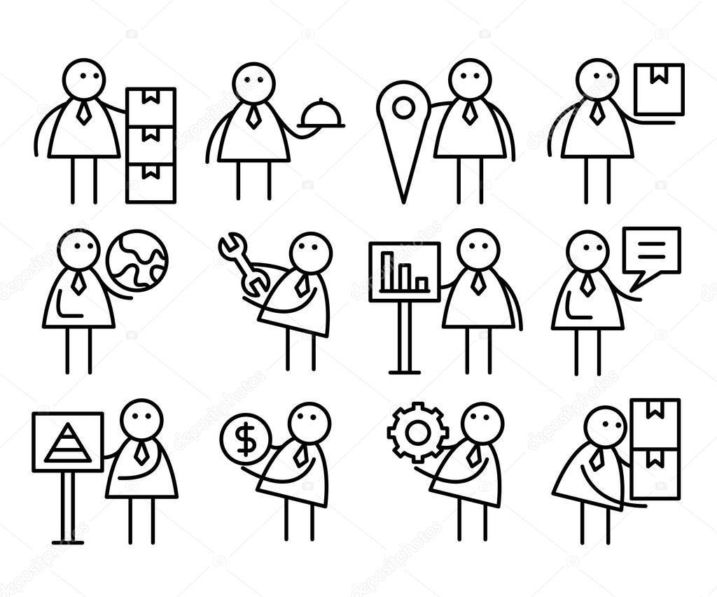 business people in various activities; businessman holding wrench, boxes, money, globe, pin and presenting