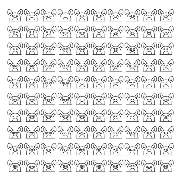 Stor Uppsättning Kanin Kanin Emoticons Linje Design — Stock vektor
