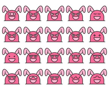 Pembe tavşan, tavşan emoticons tasarım seti
