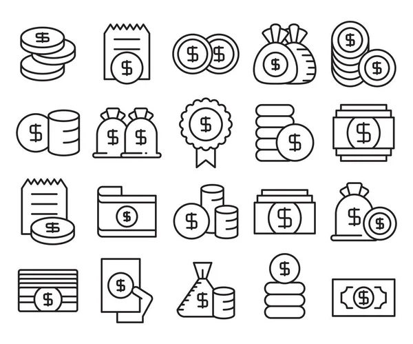 Pièce Argent Dollars Conception Ligne Icônes Sac Argent — Image vectorielle