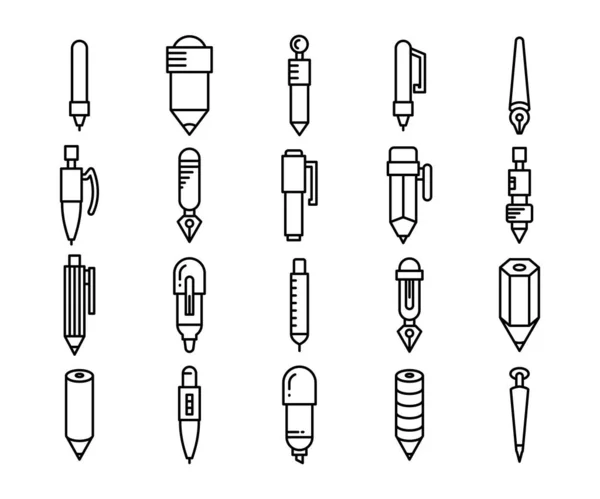 Pióro Ołówek Ikony Piśmiennictwa Linia Projektowa Wektor Zestaw — Wektor stockowy