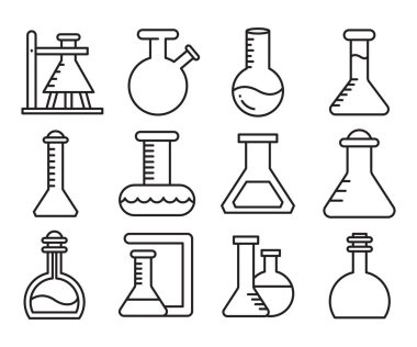 laboratuvar matarası ve tüp simgeleri vektörü ayarladı